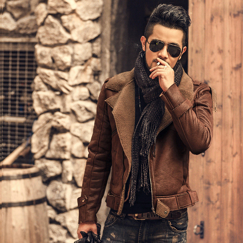 Leather jacket men's slim fit fur one large size deerskin velvet motorcycle leather jacket men's 2021 winter personality youth jacket