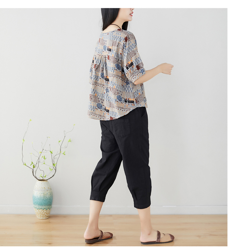 Cotton và vải lanh gió quốc gia của phụ nữ nghệ thuật retro 2019 mùa hè mới áo sơ mi lỏng lẻo chạm đáy áo sơ mi ngắn tay - Áo phông áo form rộng nữ tay lỡ
