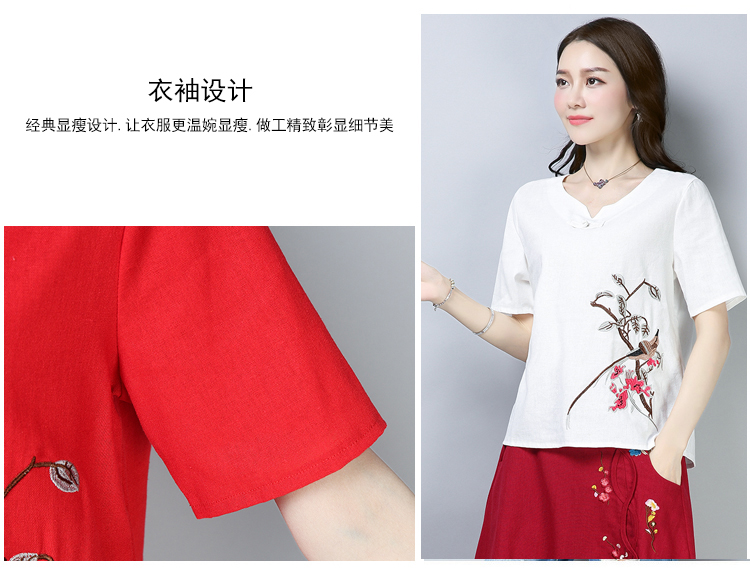 Chất liệu cotton và vải lanh cỡ lớn cho nữ 2019 mùa hè mới phong cách quốc gia thêu áo sơ mi ngắn tay nữ mùa hè áo thun nữ - Áo phông áo phông đôi cho bạn thân nữ