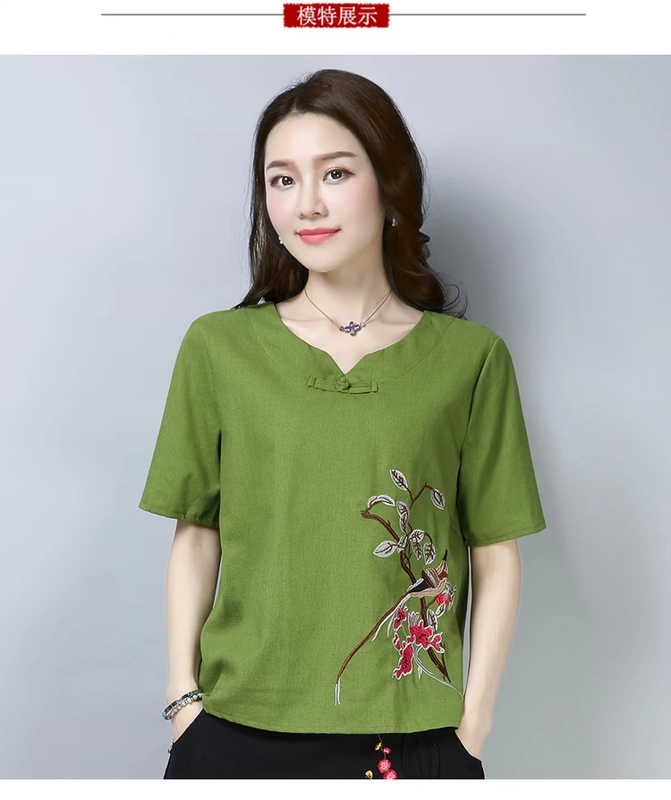 Chất liệu cotton và vải lanh cỡ lớn cho nữ 2019 mùa hè mới phong cách quốc gia thêu áo sơ mi ngắn tay nữ mùa hè áo thun nữ - Áo phông