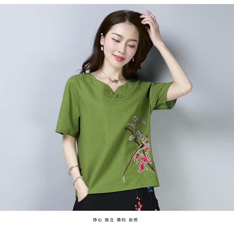 Chất liệu cotton và vải lanh cỡ lớn cho nữ 2019 mùa hè mới phong cách quốc gia thêu áo sơ mi ngắn tay nữ mùa hè áo thun nữ - Áo phông áo phông đôi cho bạn thân nữ