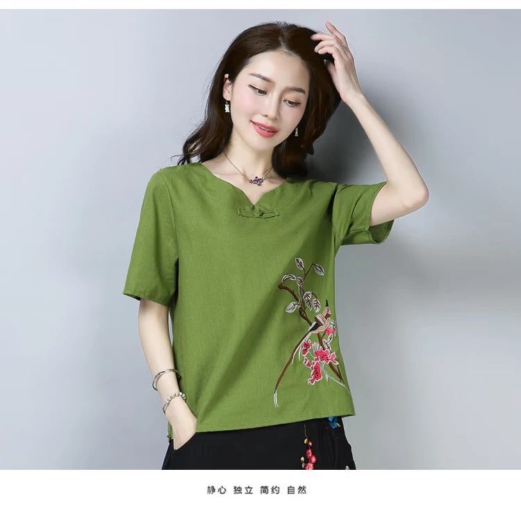 Chất liệu cotton và vải lanh cỡ lớn cho nữ 2019 mùa hè mới phong cách quốc gia thêu áo sơ mi ngắn tay nữ mùa hè áo thun nữ - Áo phông