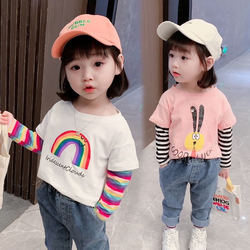 Girls autumn T-shirt long-sleeved inner clothes fake two-piece trendy children's spring and autumn Western style baby children's cotton top