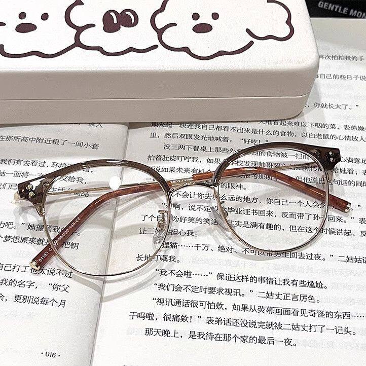 Xiaohongshu Same Style Cold Tea Gold Ultra-Light Half-Frame Prescription Glasses for Female Students, Small Round Frame, Makeup-Free Look Essential, Trendy