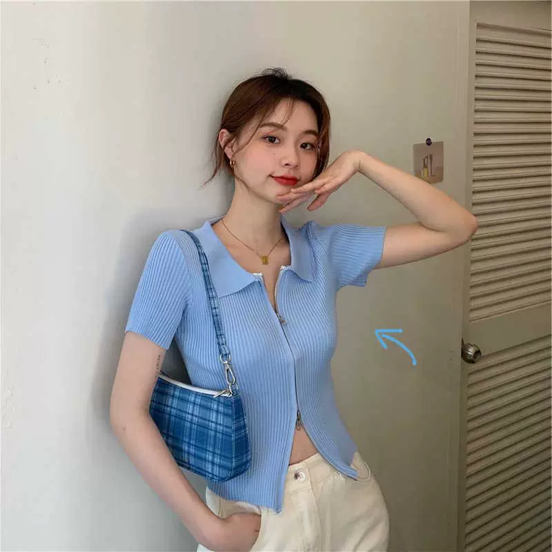 Áo dệt kim nữ ngắn bm cardigan mùa hè ngắn tay mỏng phần dây kéo chặt chẽ cổ áo polo áo len năm len - Cardigan