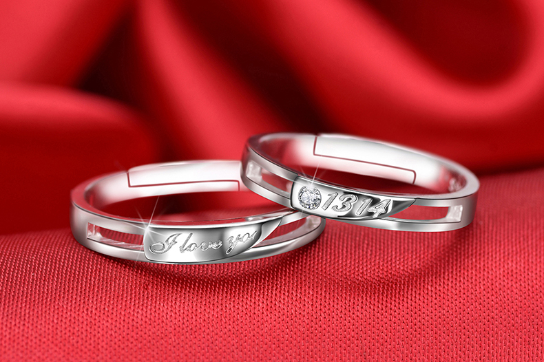 S925 sterling silver couple nhẫn một cặp chữ đồ trang sức nam giới và phụ nữ sống miệng để vòng đơn giản mở nhẫn cưới chiếc nhẫn kim cương