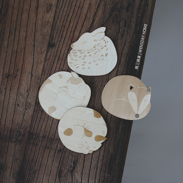 Minima Wood Cup Mat Cute Creativity Thermal Insulation Cup Cushion Cartoon Cute animal Desktop Heat Insulation Mat Non-slip Small Mat Sen