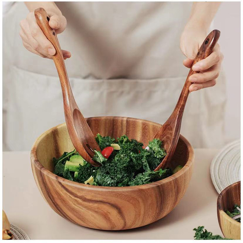 Acacia Wood Large Salad Bowl, Mixing Spoon, Fork Three-Piece Set, Fruit and Dried Fruit Plate, Insulated Bowl, Round Large Noodle Bowl