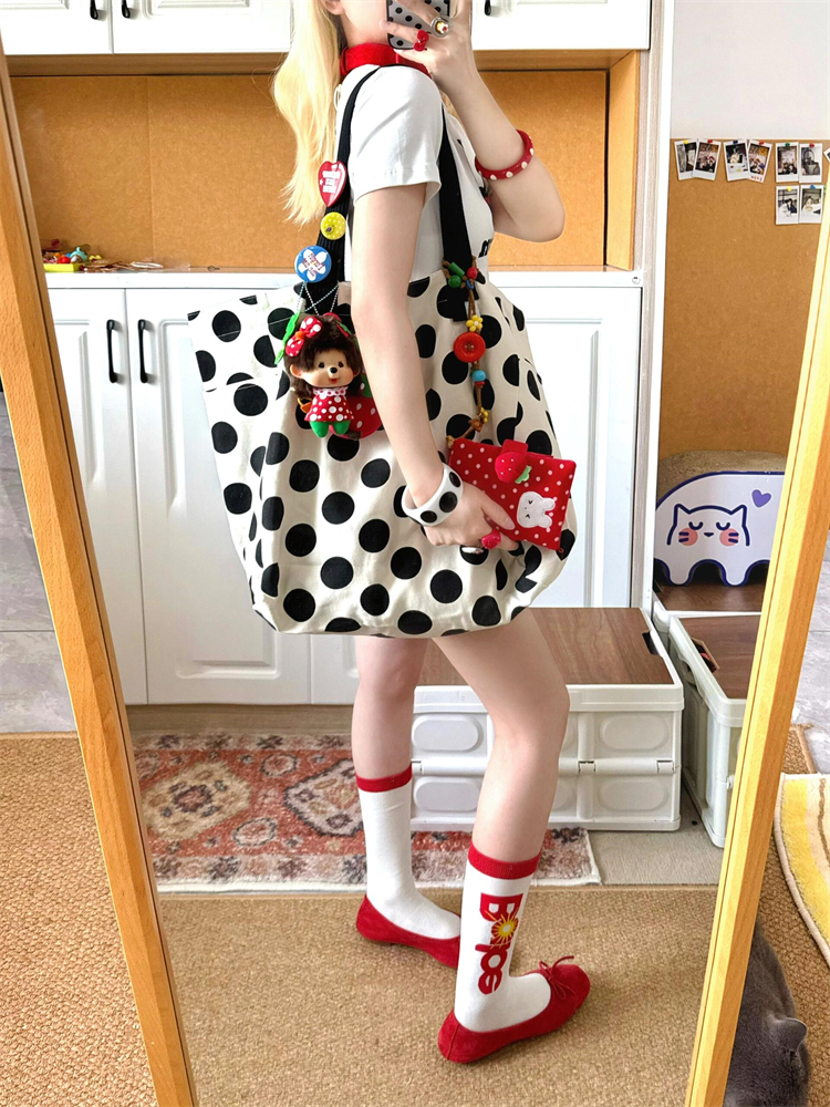 韩系简约波点单肩包包慵懒风学生上课通勤大容量托特包双面帆布包