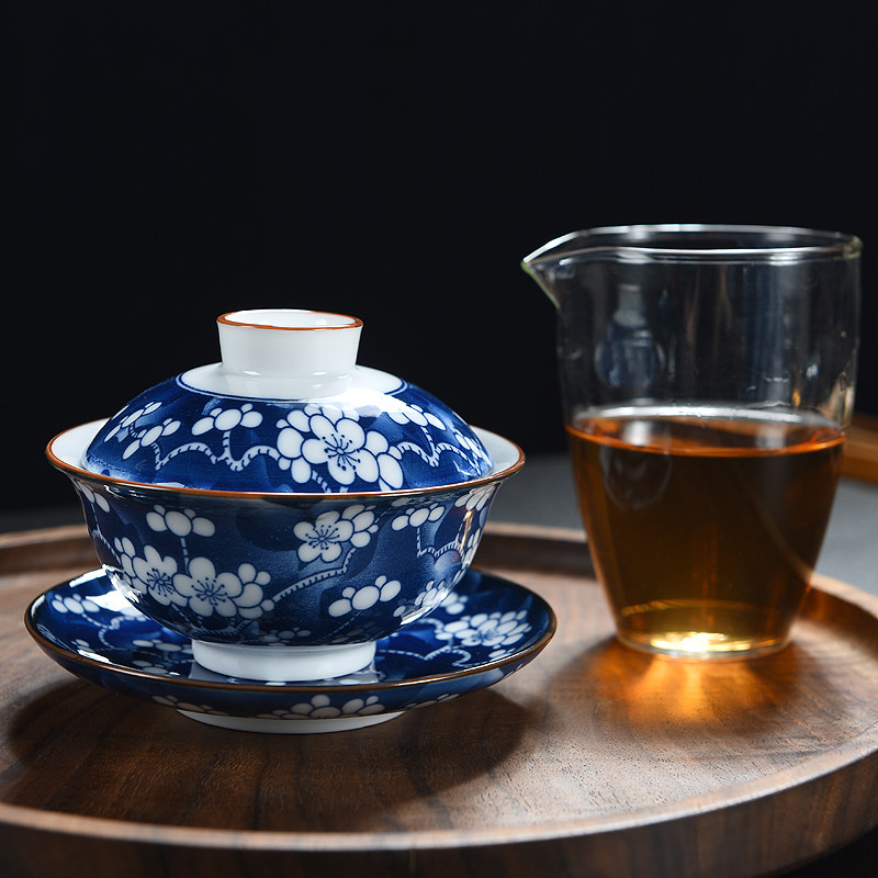 Cover a single tea cup of tea cup Blue porcelain cup large ceramic kung fu tea set three-tall bowl to tea bowl