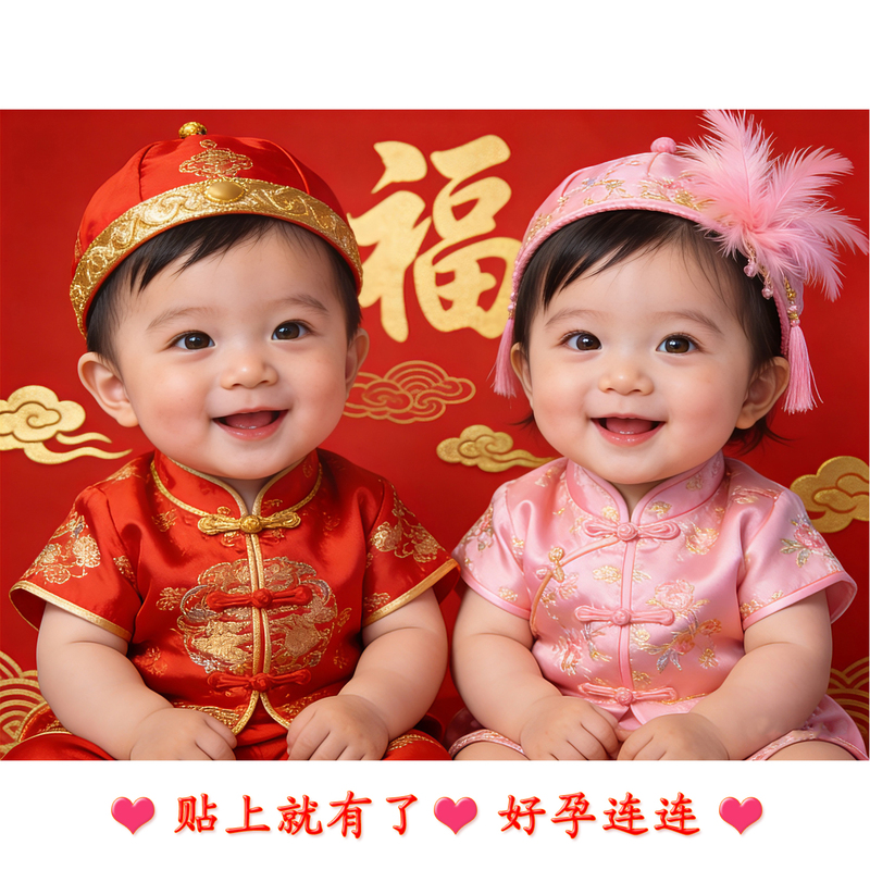 Pregnancy-Themed Baby Portrait, Cute Baby Bedside Picture, Wall Sticker of Twins (Boy and Girl), Baby Photo Sticker for Planning a Pregnancy