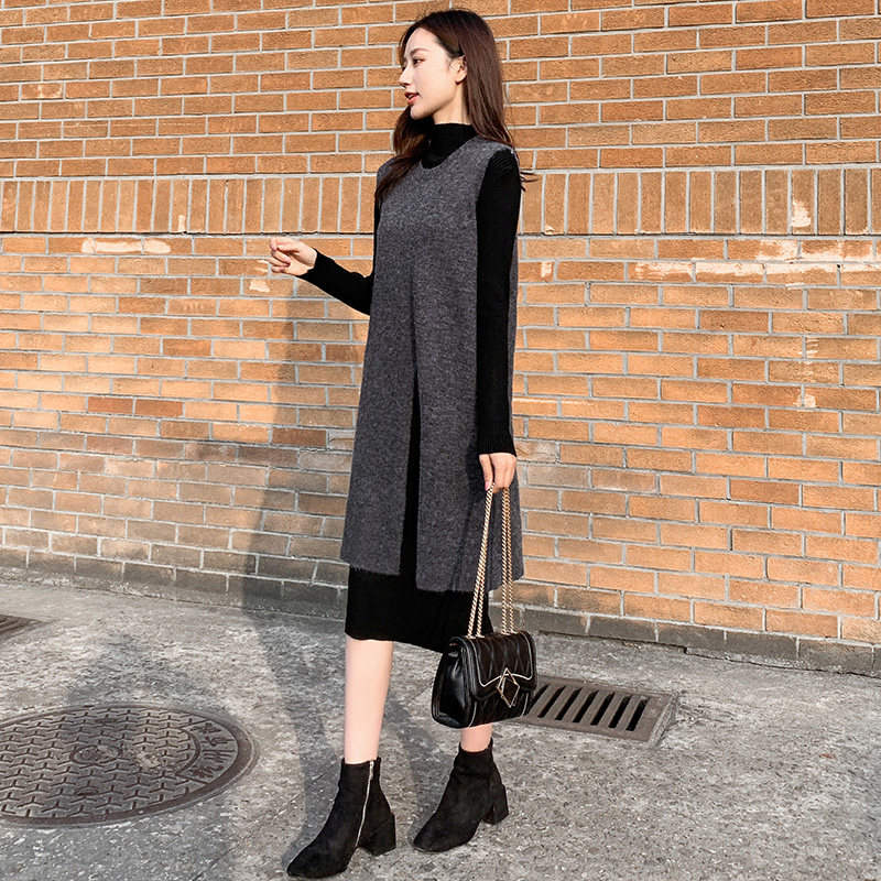 Korean women's 2022 autumn and winter new Korean version slim knitted split suit skirt temperament niche casual two-piece