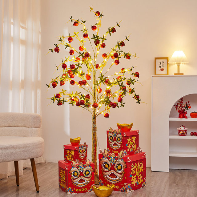 Led Light-Up Tree with Simulated Pomegranate Fruit for Year of the Horse, Suitable for Mall and Shop Window Decoration, Persimmon Decorative Tree Ornament