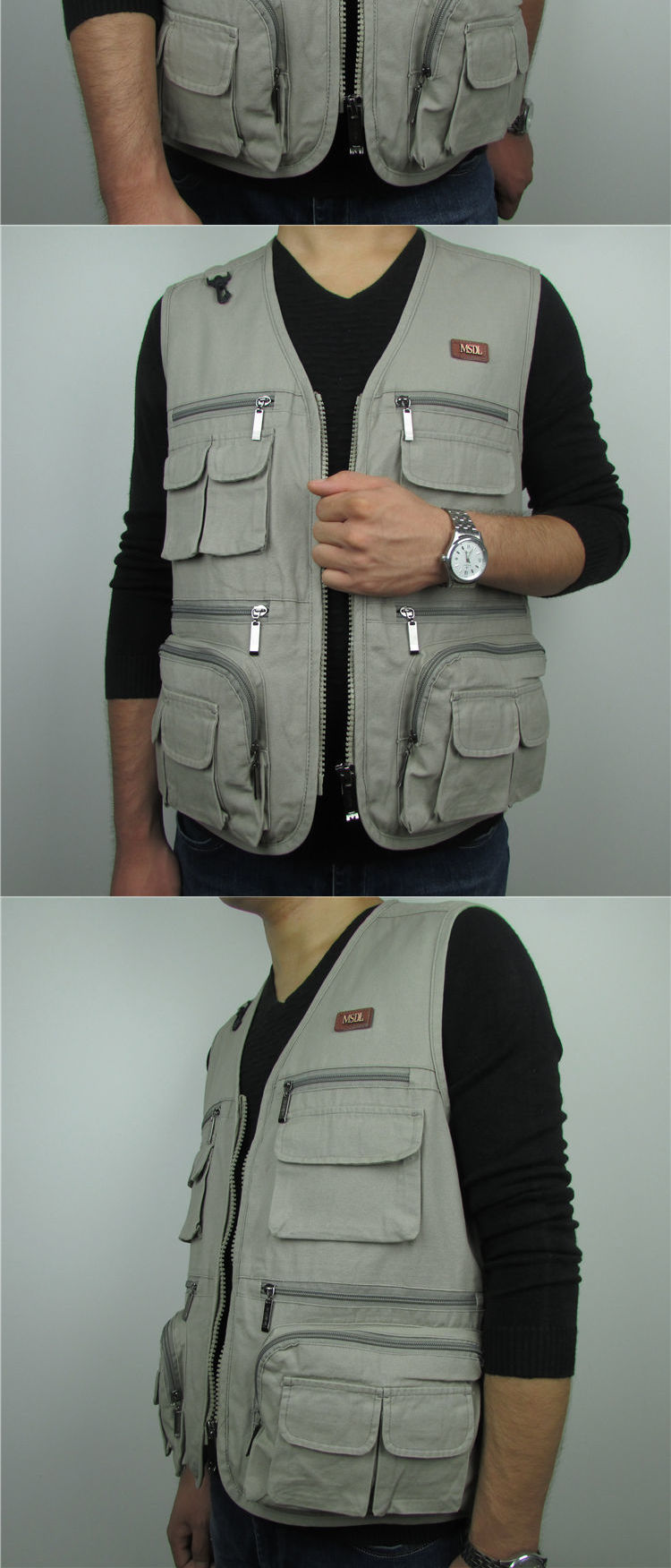 Áo thun cotton ngoài trời cho nam trung niên mùa xuân và mùa thu chụp ảnh nhiều túi áo vest lỏng áo khoác mùa đông nam hàn quốc