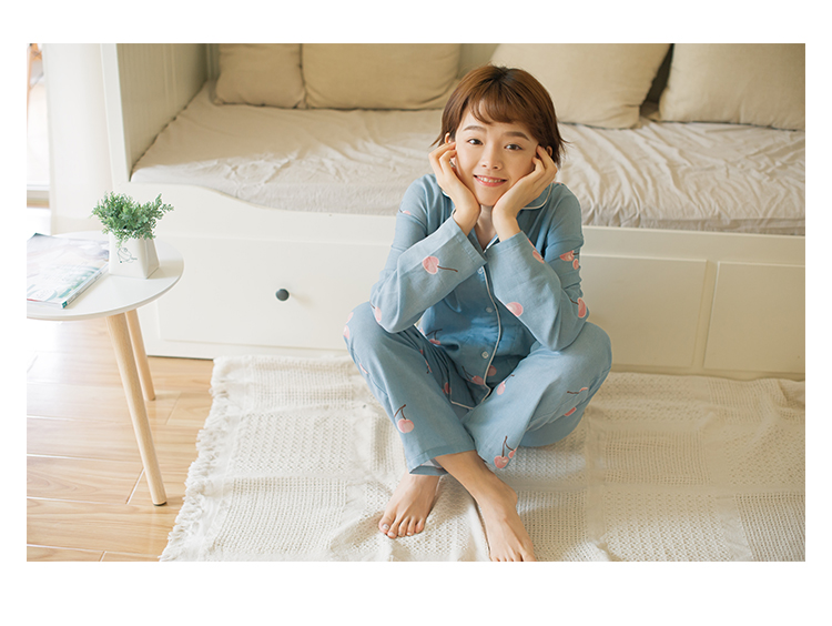 Mùa xuân và mùa thu cotton đôi gạc đồ ngủ nữ dễ thương áo len cotton anh đào thời trang mặc nhà