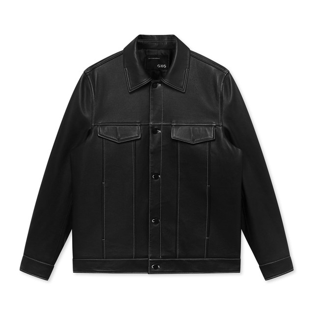 ຮ້ານຂາຍເສື້ອຜ້າຜູ້ຊາຍ GXG ແບບດຽວກັນສີດໍາ topstitched ງ່າຍດາຍແລະ versatile jacket ຫນັງ 22 ດູໃບໄມ້ລົ່ນຜະລິດຕະພັນໃຫມ່