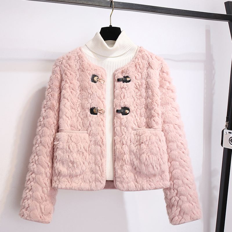 Pink Chanel-Style Lamb Wool Fluffy Round-Neck Jacket for Women, 2025 Early Winter New Thickened Shearling Integrated Jacket
