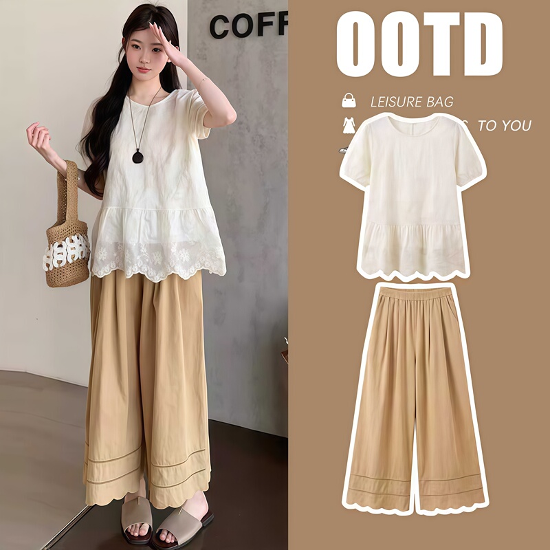 2026 New Maternity Summer Outfit Set Korean Style Lace Splicing Short-Sleeved Shirt Wide-Leg Pants Fashionable Two-Piece Set Spring