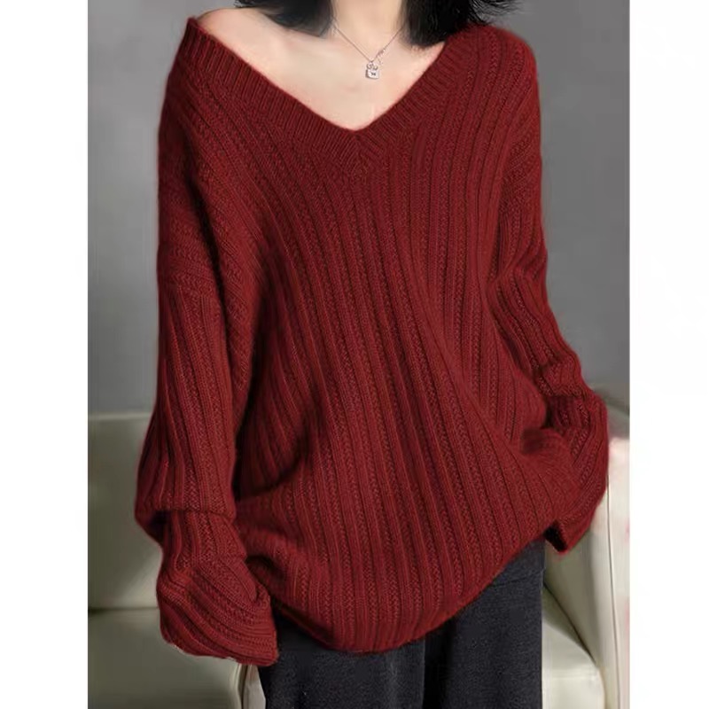 21 autumn pure wool sweater women's V-neck lazy and thin mid-length pullover sweater loose cashmere knitted bottoming shirt