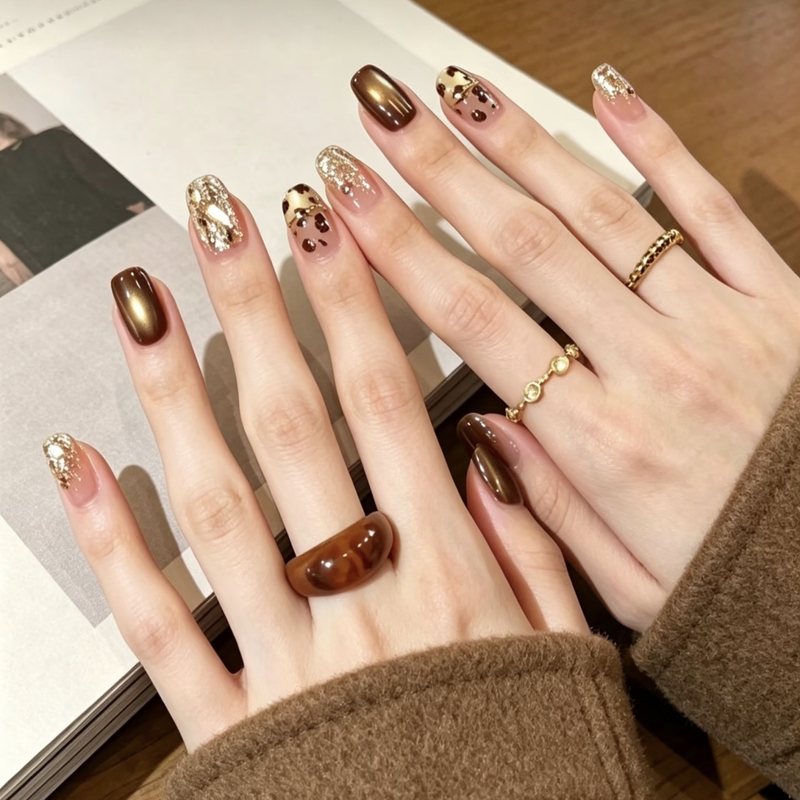 Early Autumn 2826 Handmade Fake Nails Brown Cat-Eye Wearable Nails Elegant Leopard Print Fake Nail Stickers Early Autumn 2826 Handmade Fake Nails Brown Cat-Eye Wearable Nails Elegant Leopard Print Fake Nail Stickers