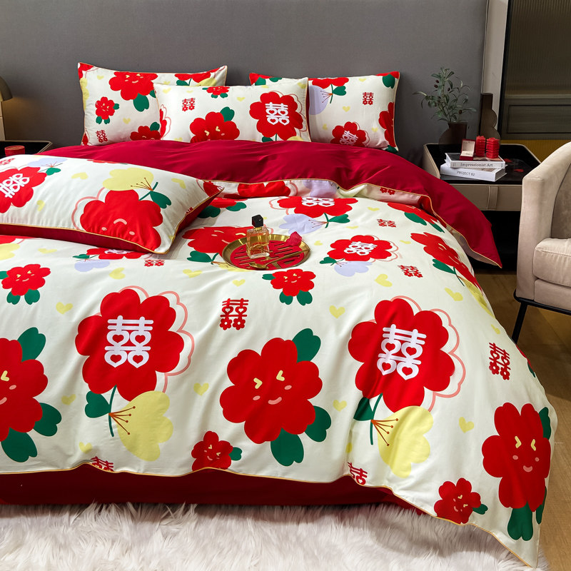 Fu Anna simple printing wedding cotton four-piece red cotton quilt cover wedding dowry wedding room bedding