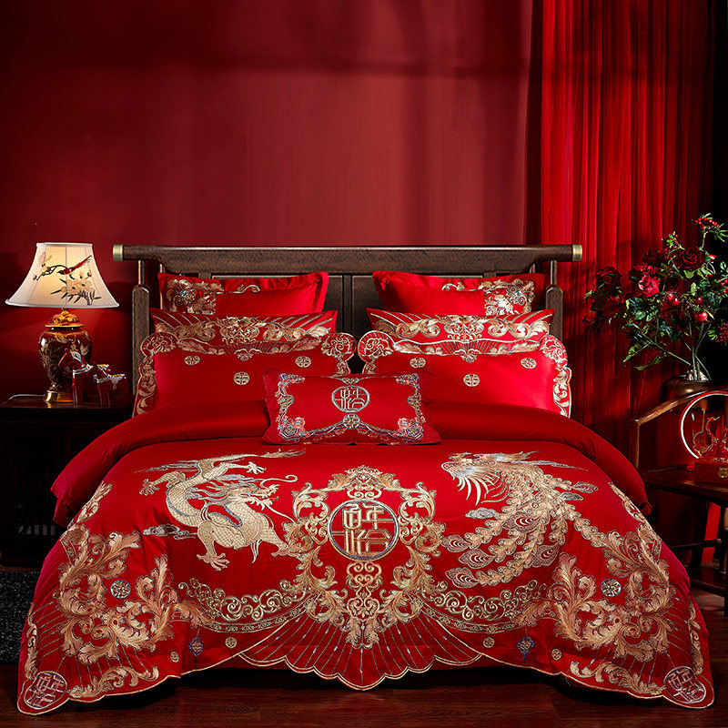 Fuannah wedding celebration four sets of pure cotton dragon and pineapple embroidered six 80 sets of Chinese wedding wedding house bed supplies