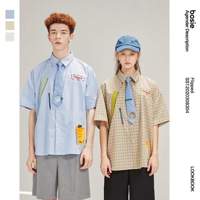 bosie summer new short sleeve shirt male couple splicing brief female shirt tide casual style with tie student