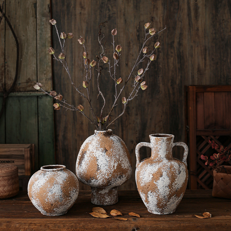 Ceramic Vase Homestay Home Decor Vintage Rustic Pottery Art Flower Arrangement Vessel Pottery Jar Ornament Wabi-Sabi Style Vase