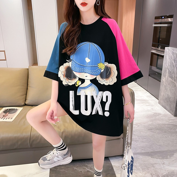 European Style Large Size Patchwork Summer Cotton Short-Sleeve T-Shirt for Women, Suitable for Middle and High School Students, Trendy Top