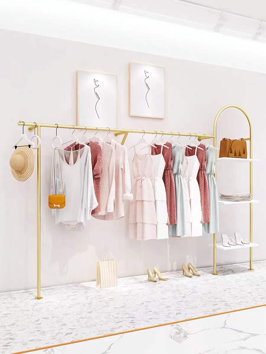 Clothing Shop Show Rack Upper Wall Hung Side Hanging Shelf Men And Women's Wall Hung Clothes Rod Silver Stainless Steel Frame Custom