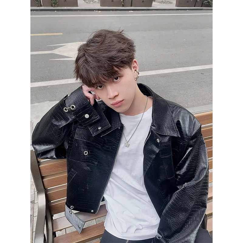 Crocodile Leather Patchwork Short Leather Jacket for Men, Designer Shoulder-Padded Jacket, European and American High Street Cool Pu Leather Jacket