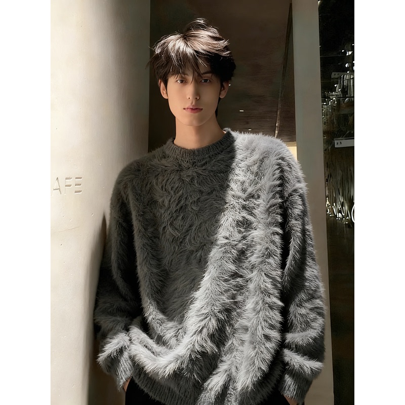 Dark Gray Mink Velvet Sweater for Men, Winter Inner Layer, Lazy Style Round Neck Knitwear, Mohair Soft and Fluffy Sweater