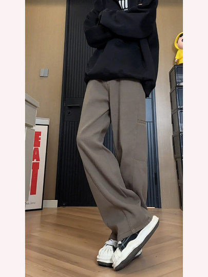 美拉德咖色加绒牛仔裤男款秋冬美式复古水洗工装裤子痞帅直筒长裤