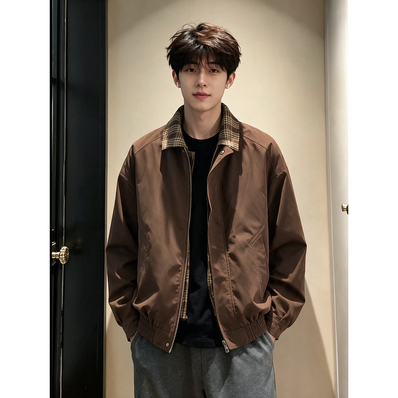 Men's Autumn Plaid Patchwork Lapel Baseball Jacket, Two-Piece Style, Oversized Short Flight Jacket in Maillard Brown