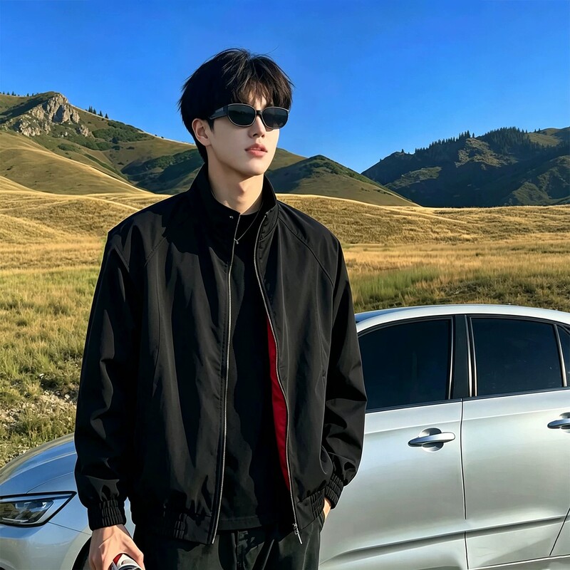 Black Short Shoulder-Length Jacket for Men, Autumn Cleanfit American-Style Pilot Jacket, Three-Proof Stand-Up Collar Windbreaker Black Short Shoulder-Length Jacket for Men, Autumn Cleanfit American-Style Pilot Jacket, Three-Proof Stand-Up Collar Windbreaker