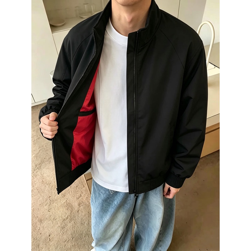 Black Exterior, Red Interior, Short Shoulder-Length Jacket for Men, Autumn High-End Style, Stand-Up Collar Baseball Jacket, Bomber Silhouette Flight Jacket