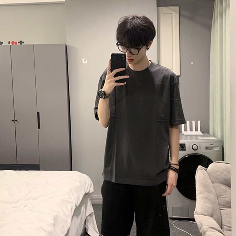 Cleanfit Charcoal Gray T-Shirt for Men, Summer 300g Heavyweight, Regular Shoulder Short Sleeves, American Style, Small Neckline, Half Sleeves