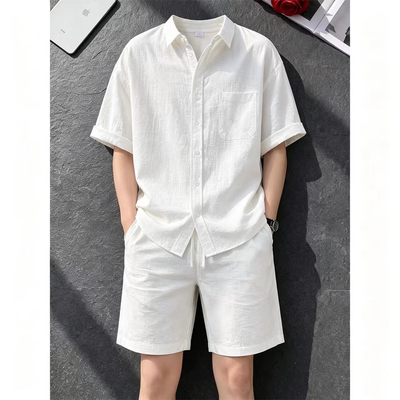 White Tencel Linen Suit for Men, Summer Old Money Style, High-End Outfit, Short-Sleeved Shirt, Cotton-Linen Shorts, Complete Set