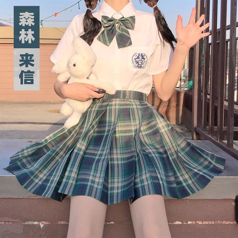 JK Uniform Skirt Genuine Forest Letter Grid Skirt Original Summer College Style pleated skirt short skirt set for girls Full set