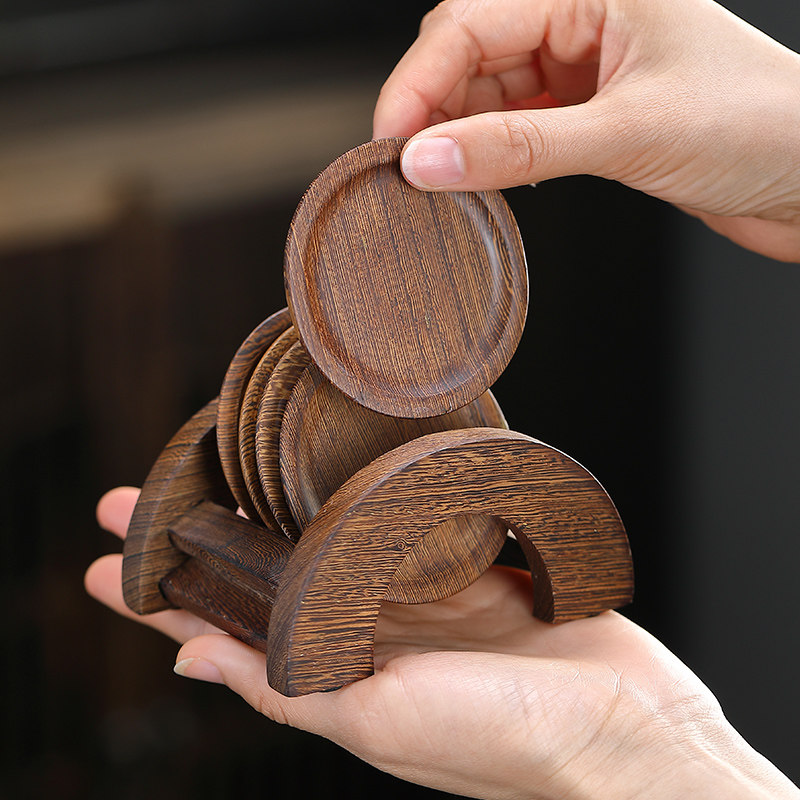 Solid Wood Round Tea Cup Toblack Sandalwood Chicken Wings Wood Tea Cup Mat Chinese Thermal Insulation Mat Kung Fu Tea Dau Wooden Suit-Taobao