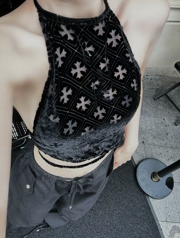 Made Hoho Hollow-Out Cross Velvet Camisole Halter Neck Short Sexy Street Style Trendy Black Spicy