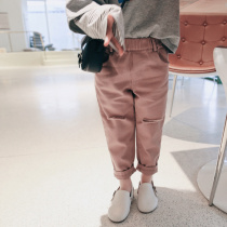 The city of beautiful girls baby washed cotton casual pants spring new girls dress foreign style knee broken