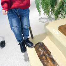 The city of beautiful girls baby jeans 20 Autumn new girls wear foreign gas fake hole material soft