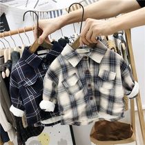 Boys plus velvet base shirt autumn and winter childrens foreign color plaid shirt male baby warm cardigan coat coat tide