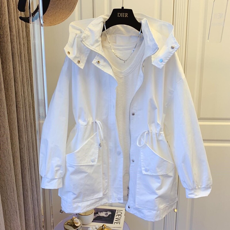 Embroidered Casual Sports Style Korean Version Loose Mid-Length Hooded Windbreaker Jacket for Women, Lazy Style 2022 Spring New Style