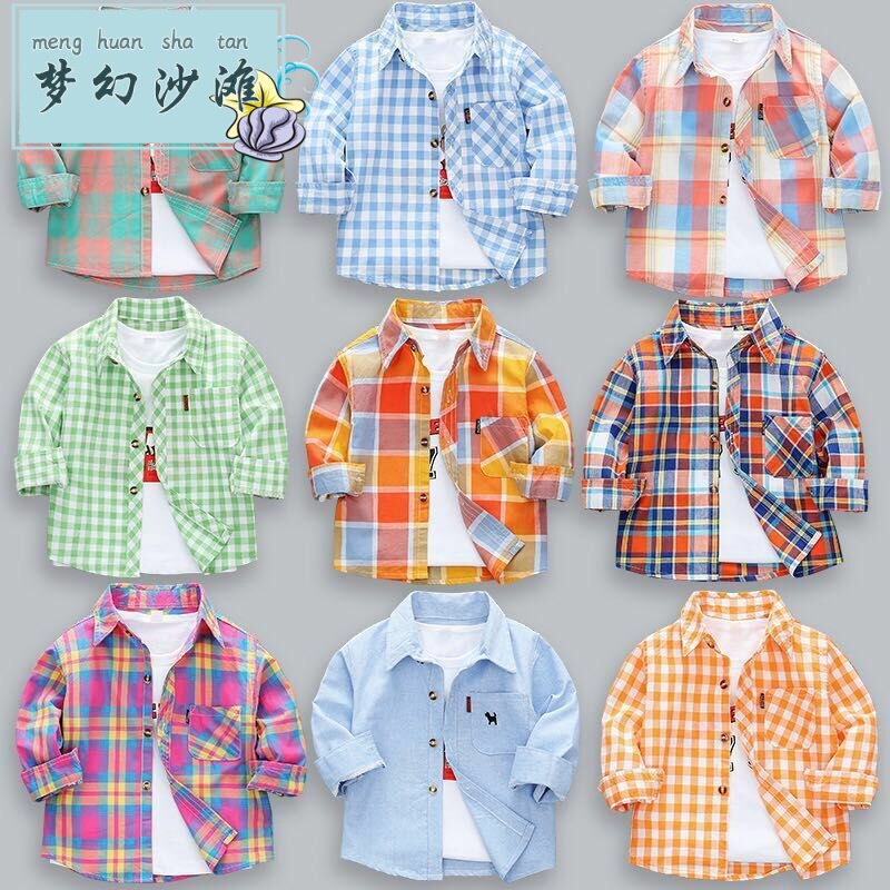 Boys cotton shirt Long sleeve baby top Children's clothing Children's thin shirt plaid female children spring and autumn outside wear