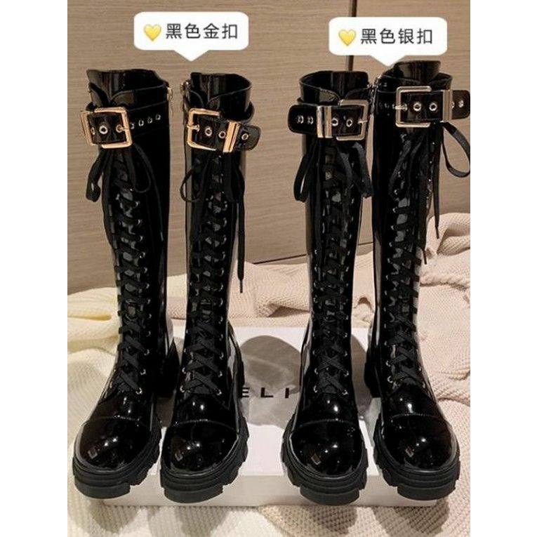 Thick-Soled High Boots for Women 2023 Winter New Versatile Lace-Up Over-The-Knee Boots Black Patent Leather Knee-High Riding Boots Thick-Soled High Boots for Women 2023 Winter New Versatile Lace-Up Over-The-Knee Boots Black Patent Leather Knee-High Riding Boots