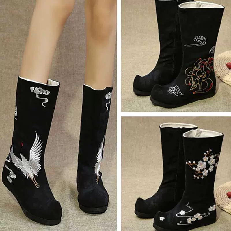 Hanfu boots trẻ em mùa đông thời cổ đại hiệp sĩ với giày tăng ống dài màu đen cộng với nhung cổ tròn áo choàng xà phòng ủng giày đen - Swiss Army Knife