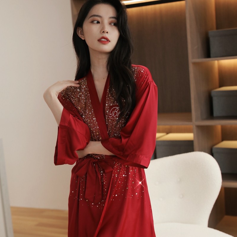 Morning gown bride high sense unique sexy silk bathrobe female summer French wedding rhinestone pajamas makeup gown spring and autumn
