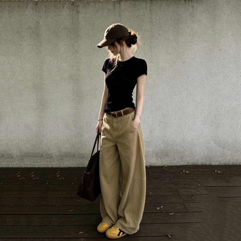 2026 Super Stylish Scimitar-Style Workwear Wide-Leg Denim Pants Set for Women, Thin Summer Style, Very Popular Summer Outfit Complete Set